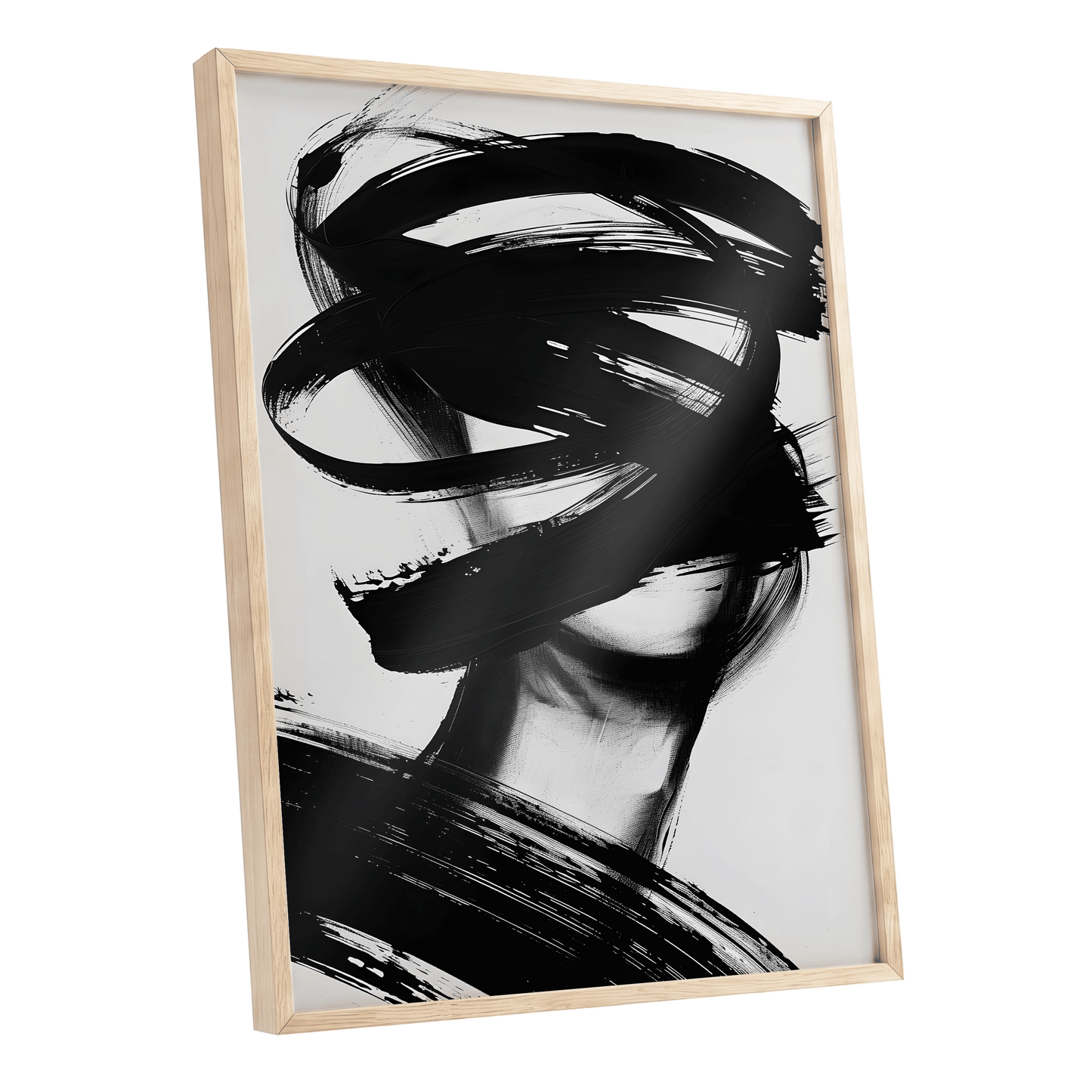 Veiled in Motion, black, white, gray abstract wall art shown as a oak framed poster wall art print