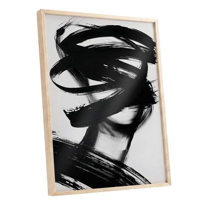Veiled in Motion, black, white, gray abstract wall art shown as a oak framed poster wall art print