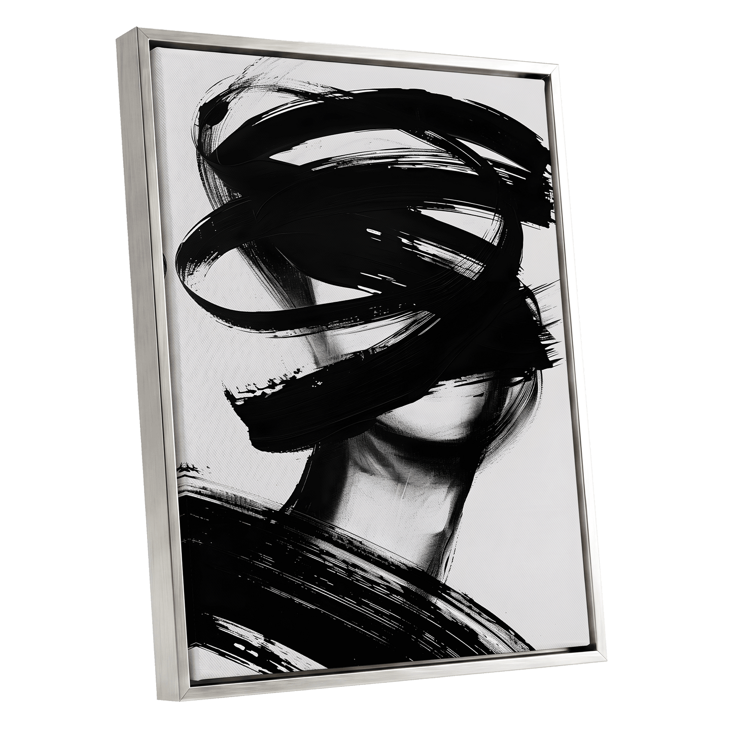 Veiled in Motion, black, white, gray abstract wall art shown as a silver framed canvas wall art