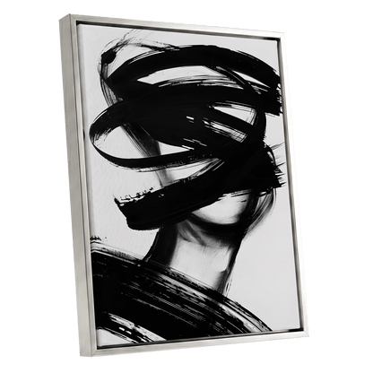 Veiled in Motion, black, white, gray abstract wall art shown as a silver framed canvas wall art