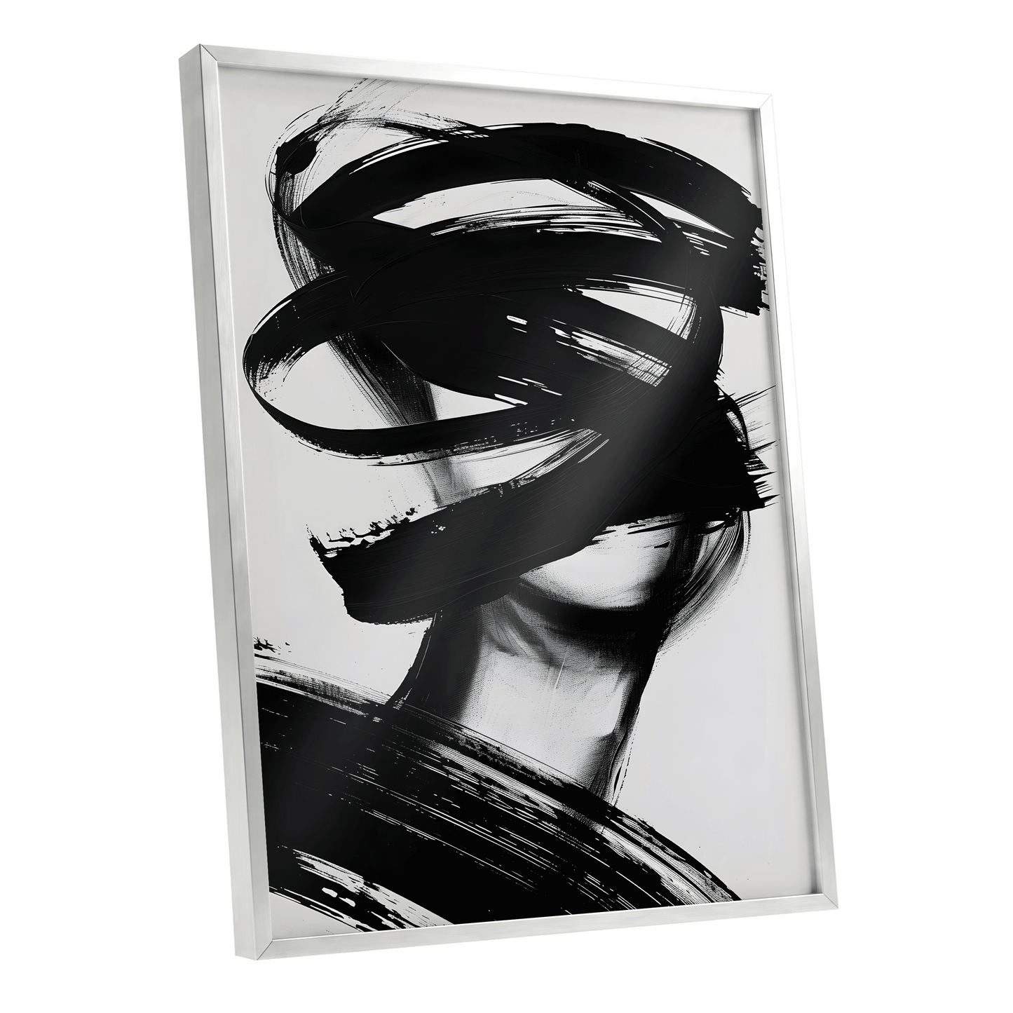 Veiled in Motion, black, white, gray abstract wall art shown as a silver framed poster wall art print