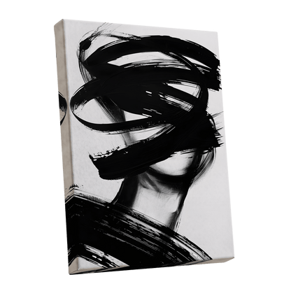 Veiled in Motion, black, white, gray abstract wall art shown as a stretched canvas wall art
