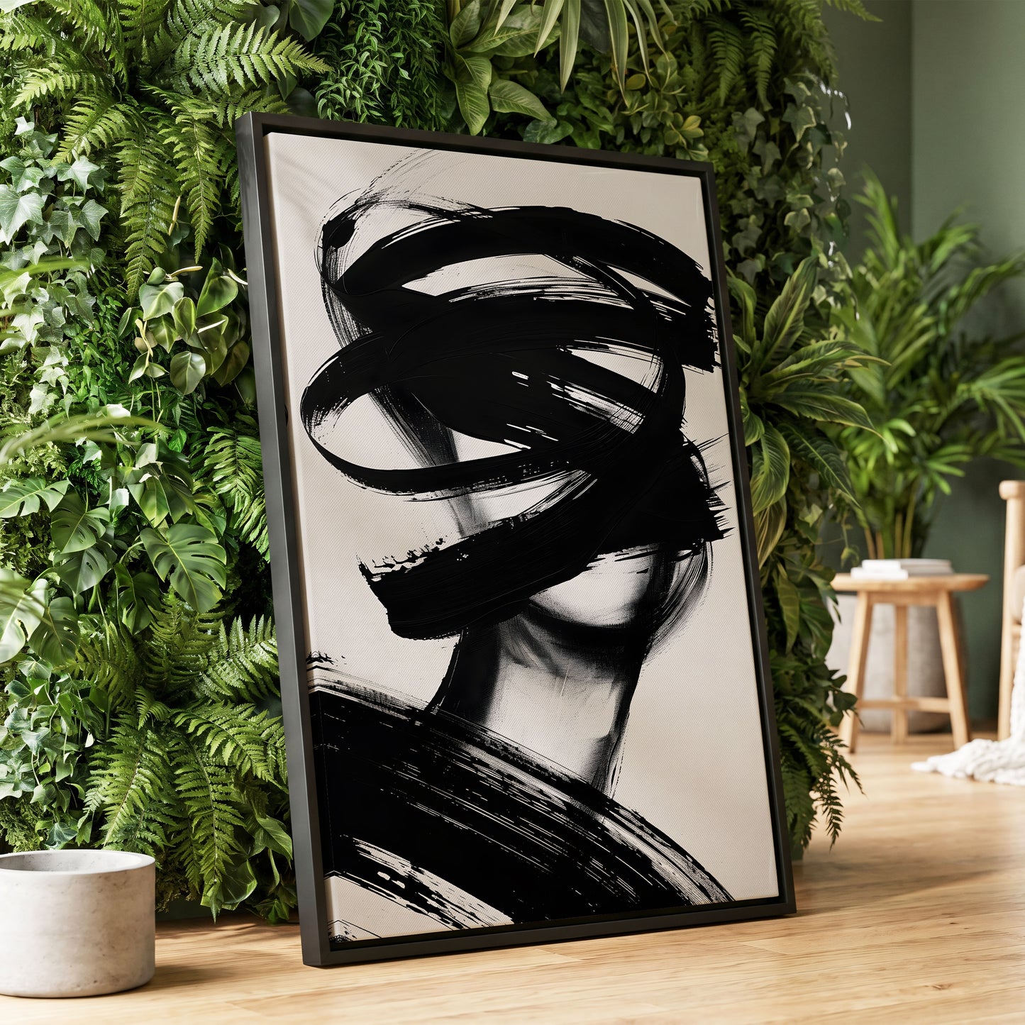 Veiled in Motion, black, white, gray abstract wall art displayed in a styled interior, gallery view 1