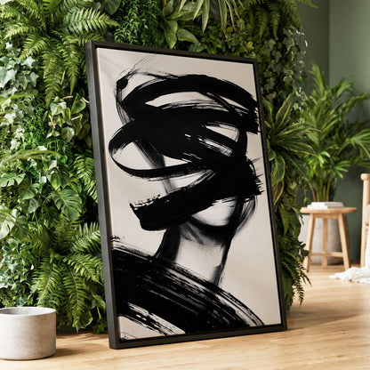 Veiled in Motion, black, white, gray abstract wall art displayed in a styled interior, gallery view 1