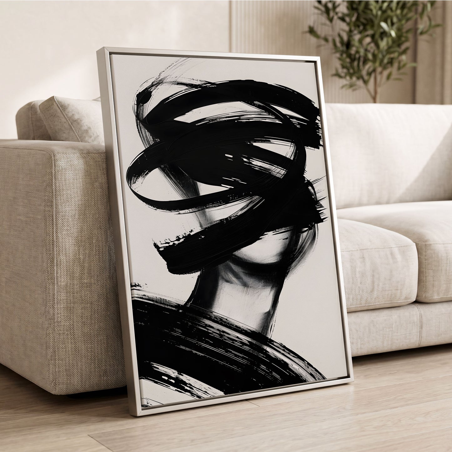 Veiled in Motion, black, white, gray abstract wall art displayed in a styled interior, gallery view 2