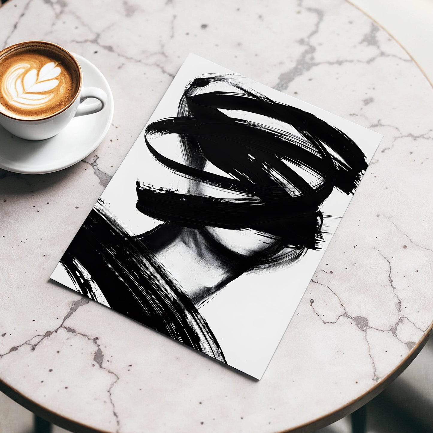 Veiled in Motion, black, white, gray abstract wall art displayed in a styled interior, gallery view 3