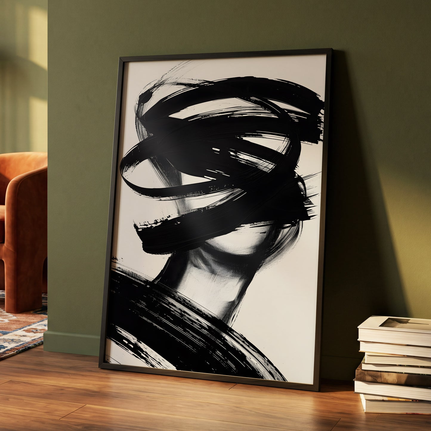 Veiled in Motion, black, white, gray abstract wall art displayed in a styled interior, gallery view 4