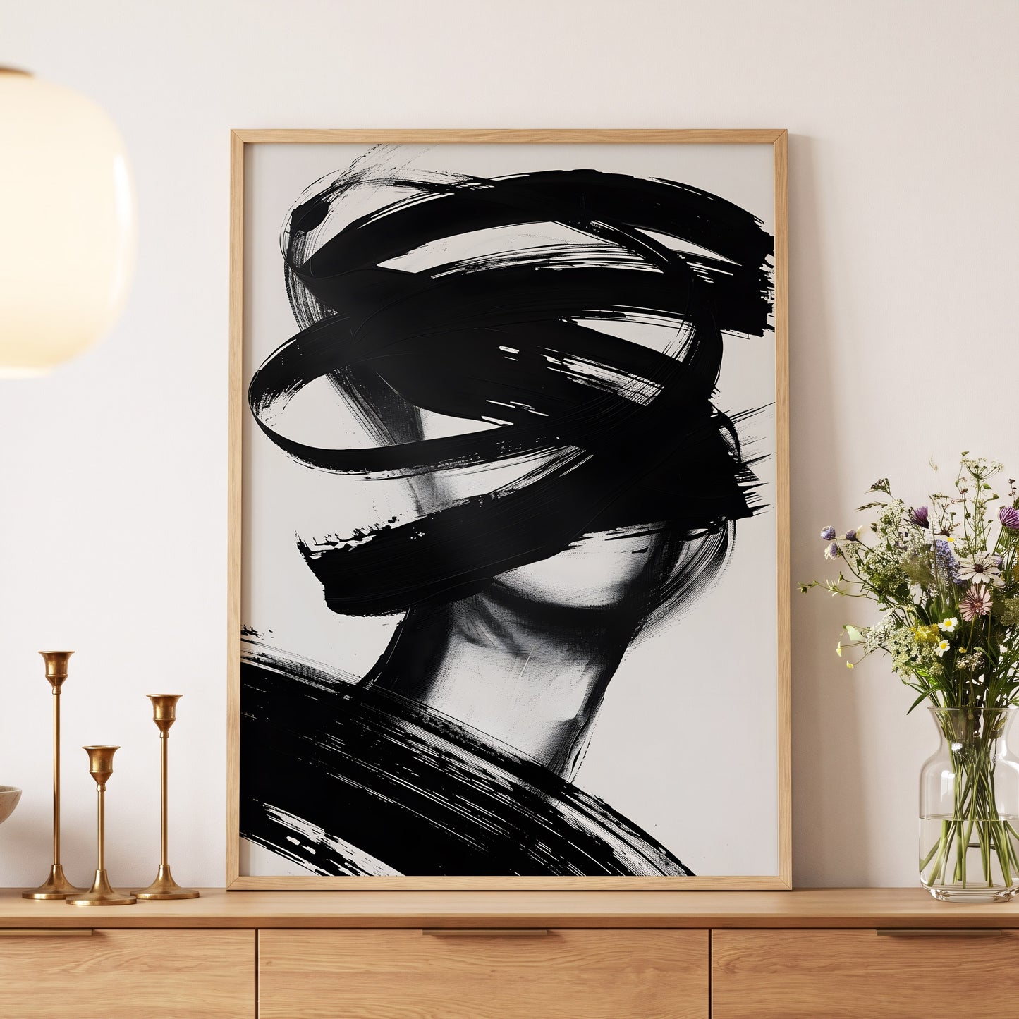 Veiled in Motion, black, white, gray abstract wall art displayed in a styled interior, gallery view 5