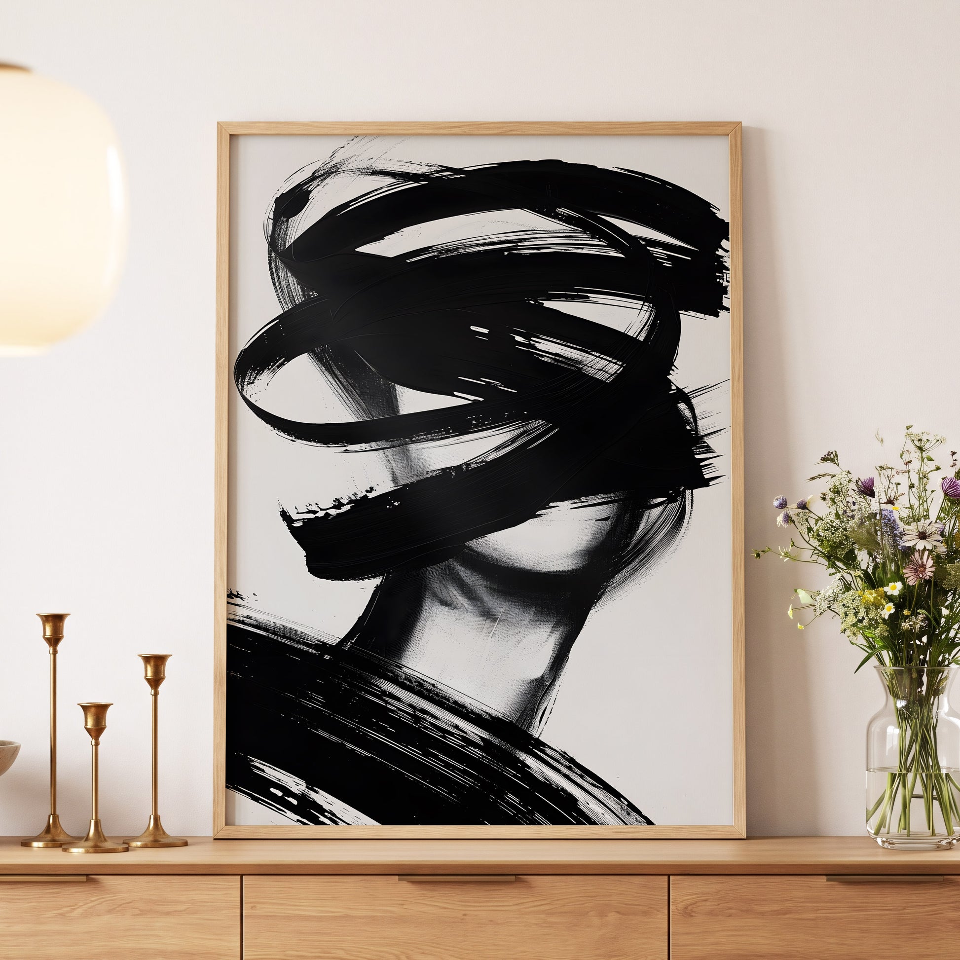 Veiled in Motion, black, white, gray abstract wall art displayed in a styled interior, gallery view 5