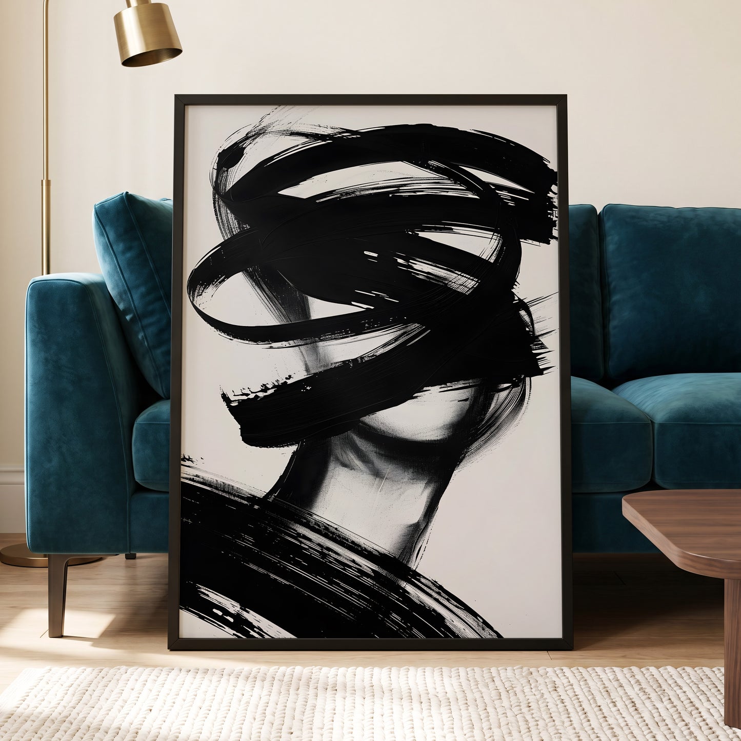 Veiled in Motion, black, white, gray abstract wall art displayed in a styled interior, gallery view 6