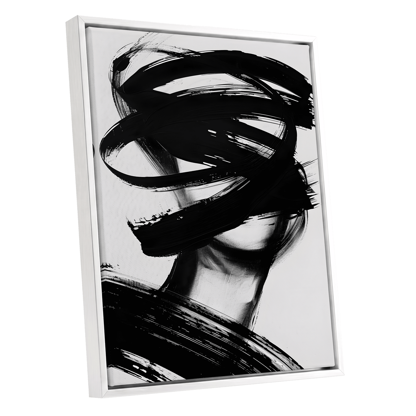 Veiled in Motion, black, white, gray abstract wall art shown as a white framed canvas wall art