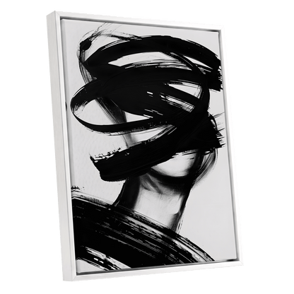 Veiled in Motion, black, white, gray abstract wall art shown as a white framed canvas wall art