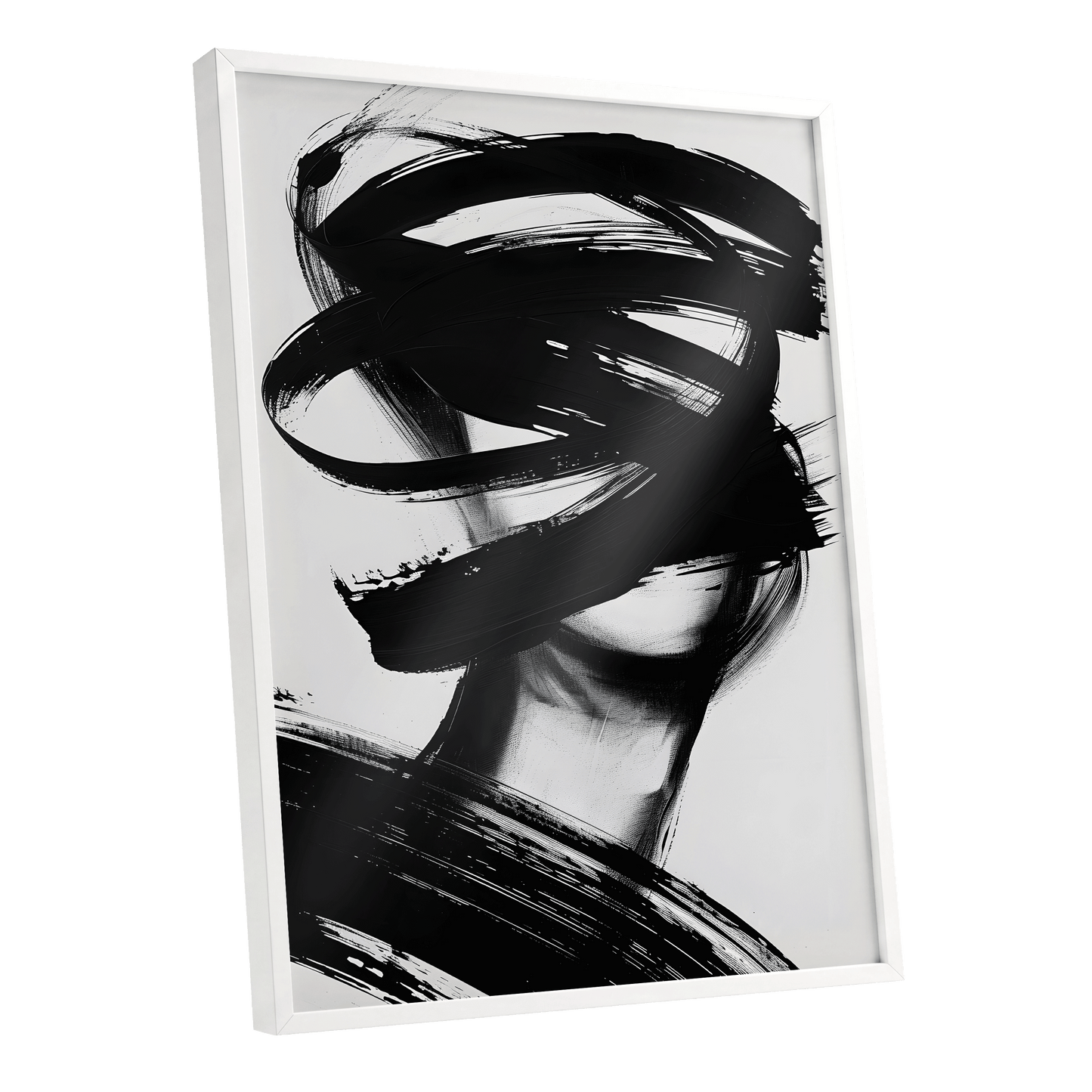Veiled in Motion, black, white, gray abstract wall art shown as a white framed poster wall art print