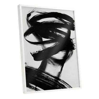 Veiled in Motion, black, white, gray abstract wall art shown as a white framed poster wall art print
