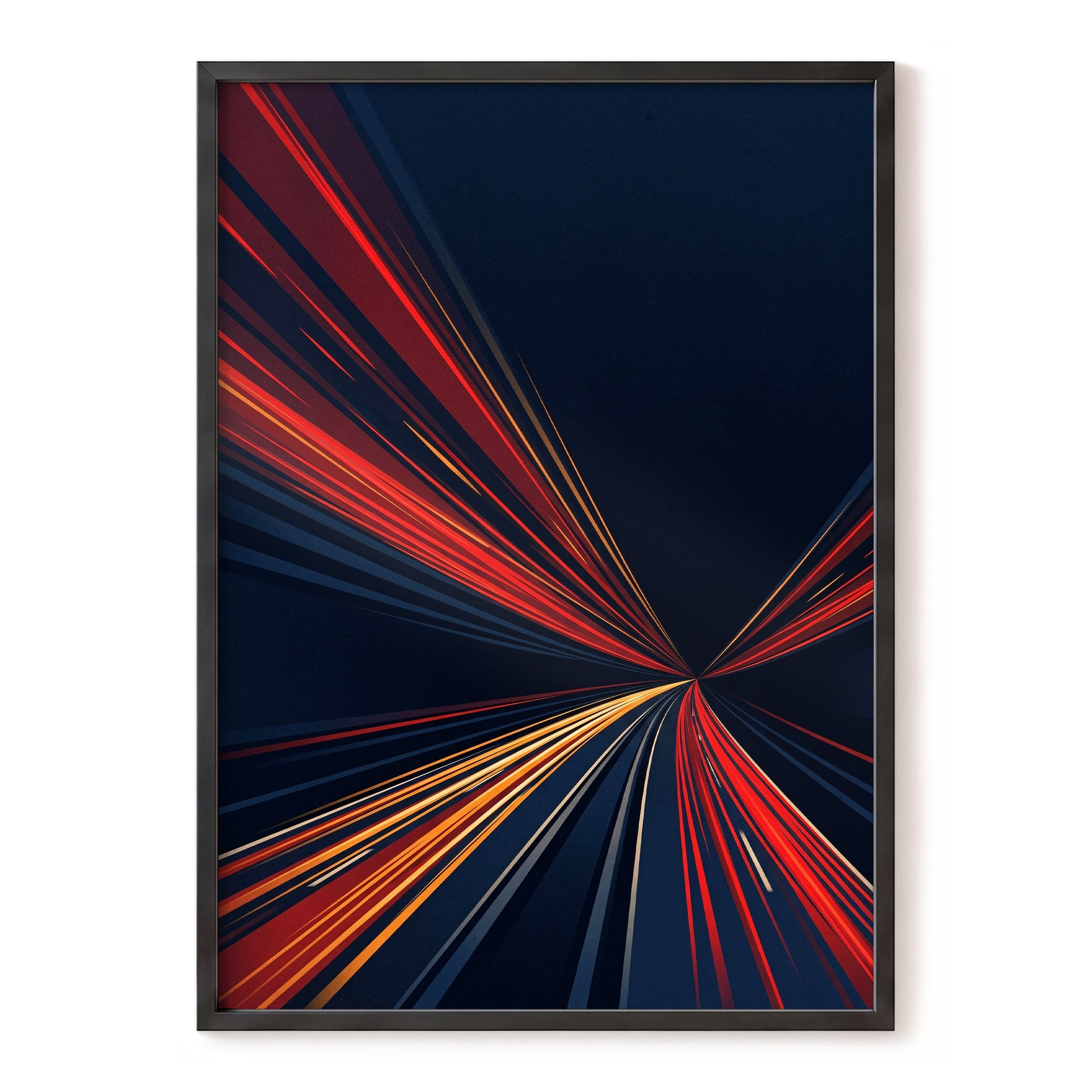 Velocity Convergence, blue, red, orange abstract wall art, front artwork view