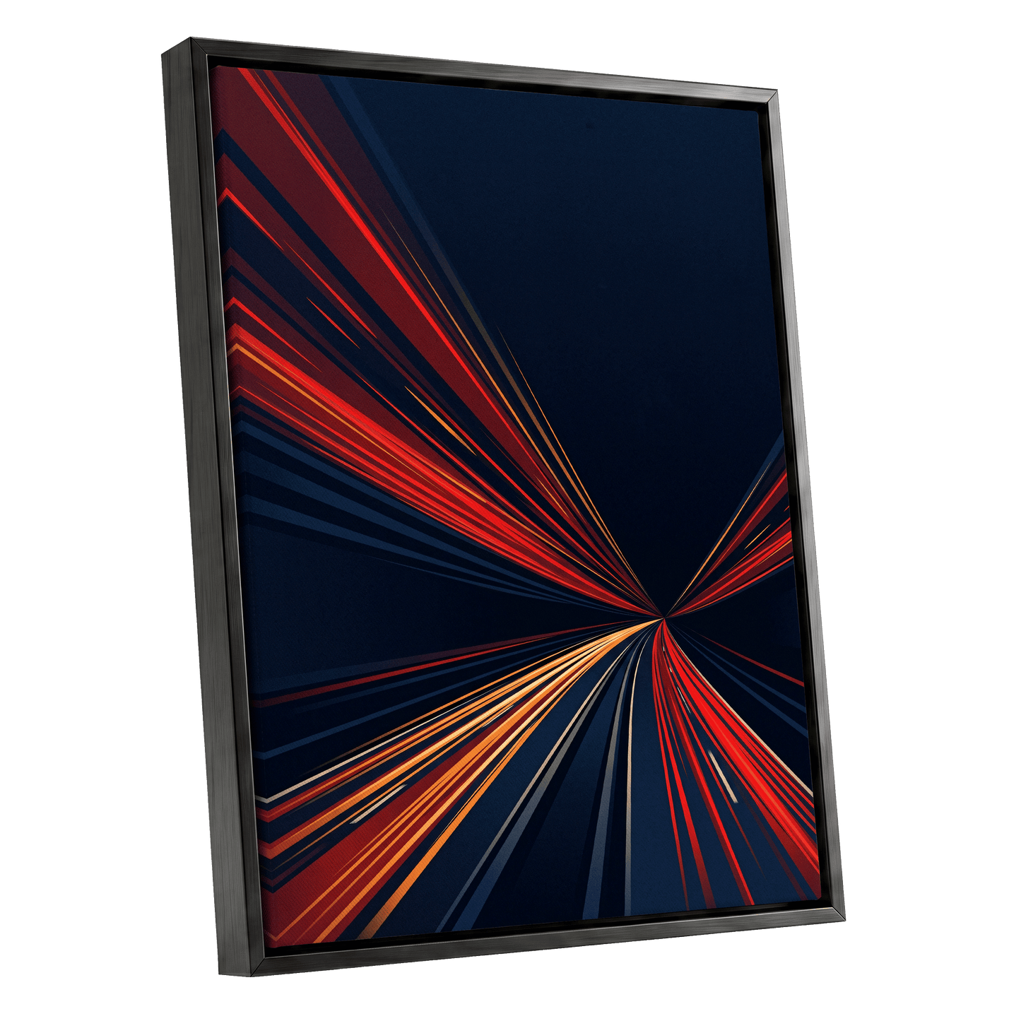 Velocity Convergence, blue, red, orange abstract wall art shown as a black framed canvas wall art