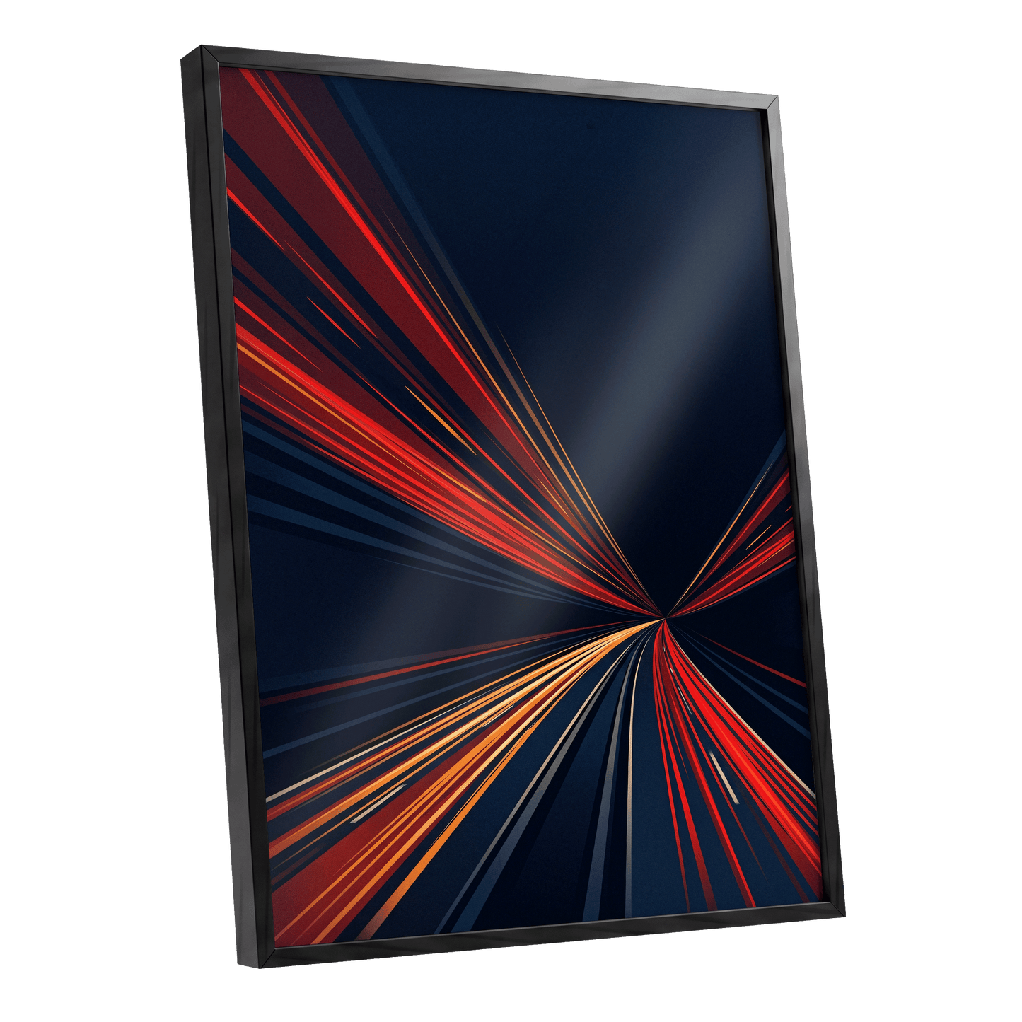 Velocity Convergence, blue, red, orange abstract wall art shown as a black framed poster wall art print