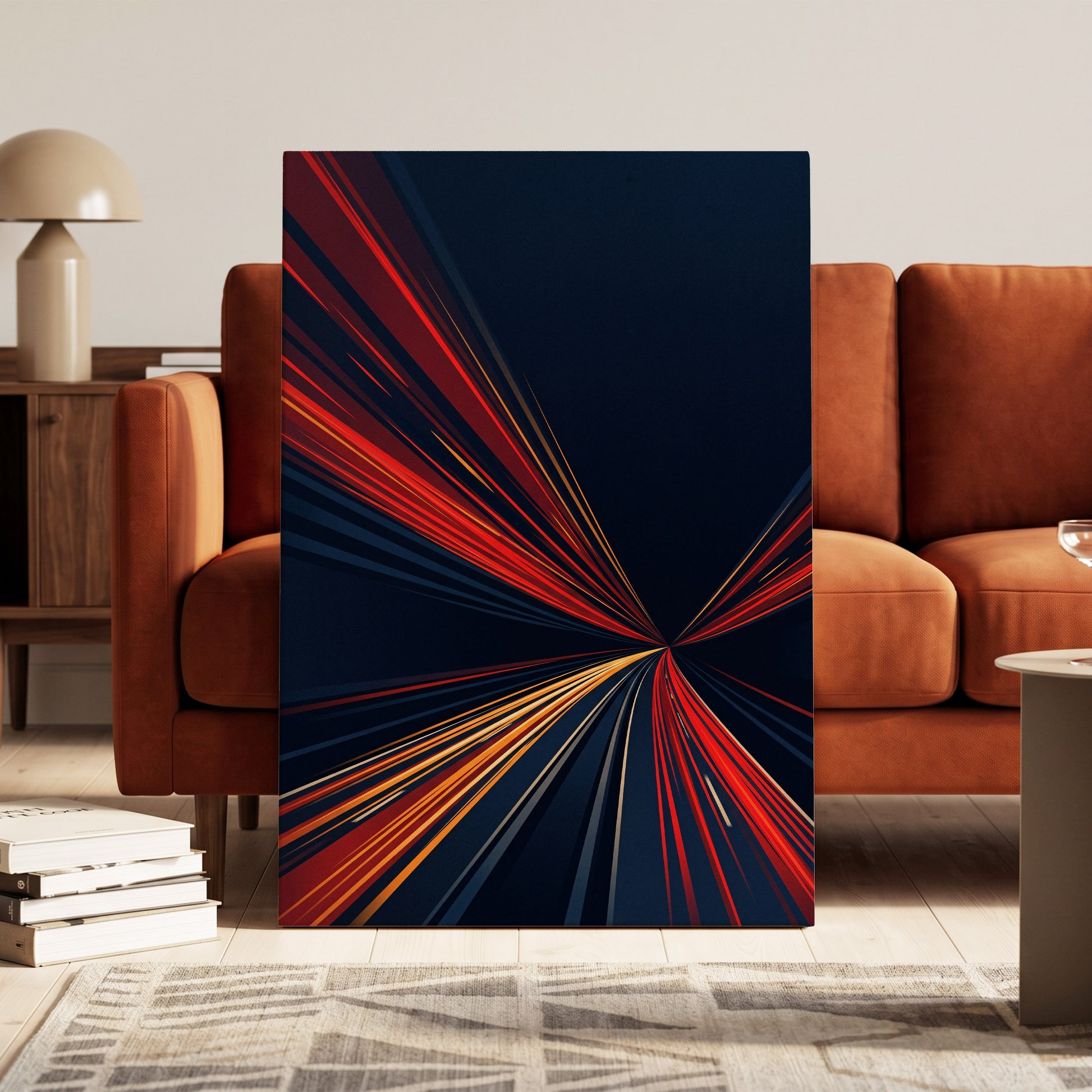 Velocity Convergence, blue, red, orange abstract wall art on canvas displayed in a styled interior, gallery view 1