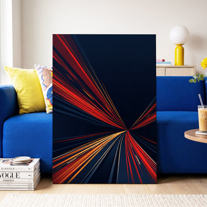 Velocity Convergence, blue, red, orange abstract wall art on canvas displayed in a styled interior, gallery view 2