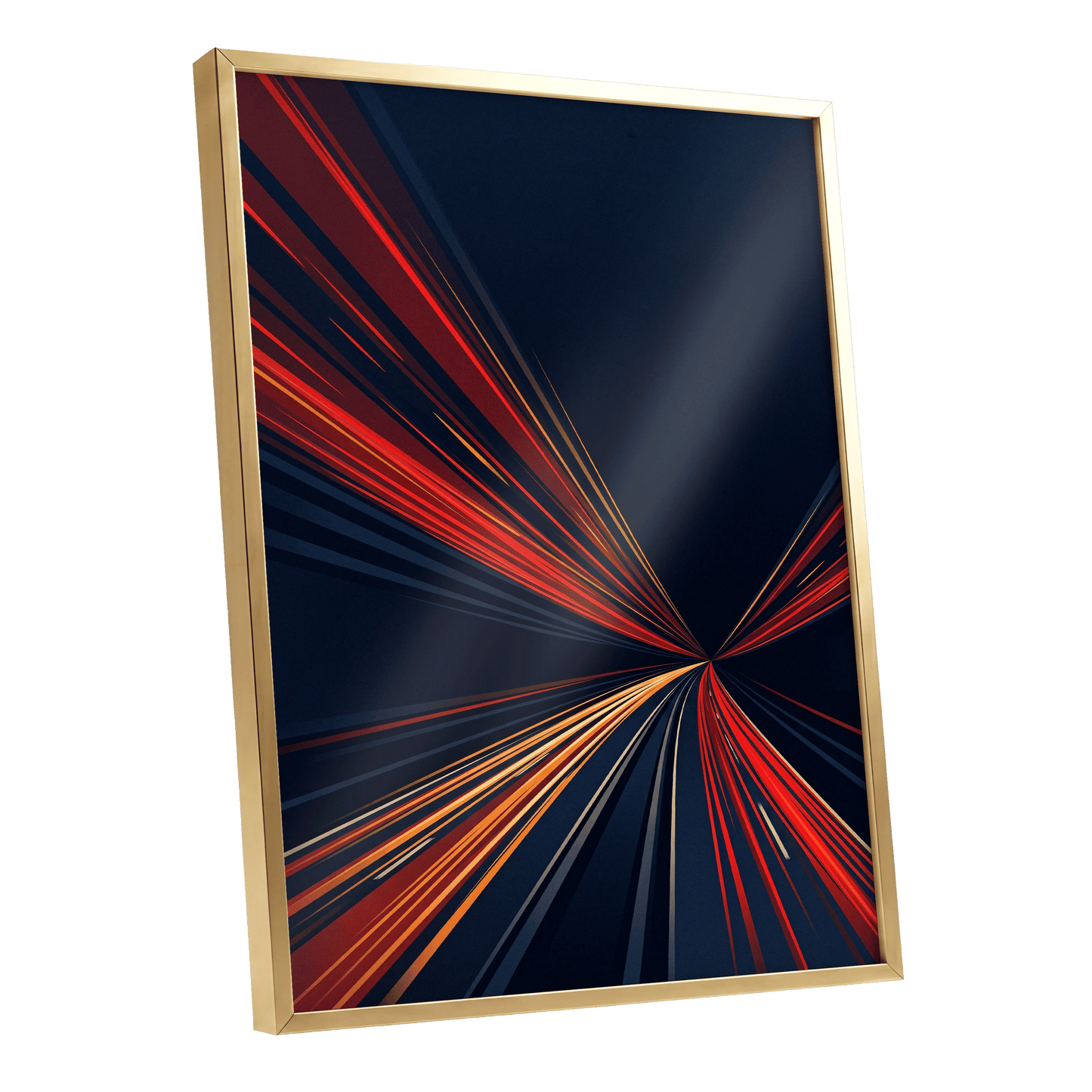 Velocity Convergence, blue, red, orange abstract wall art shown as a gold framed poster wall art print