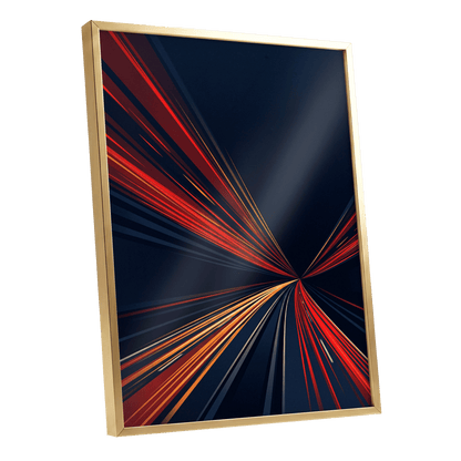 Velocity Convergence, blue, red, orange abstract wall art shown as a gold framed poster wall art print