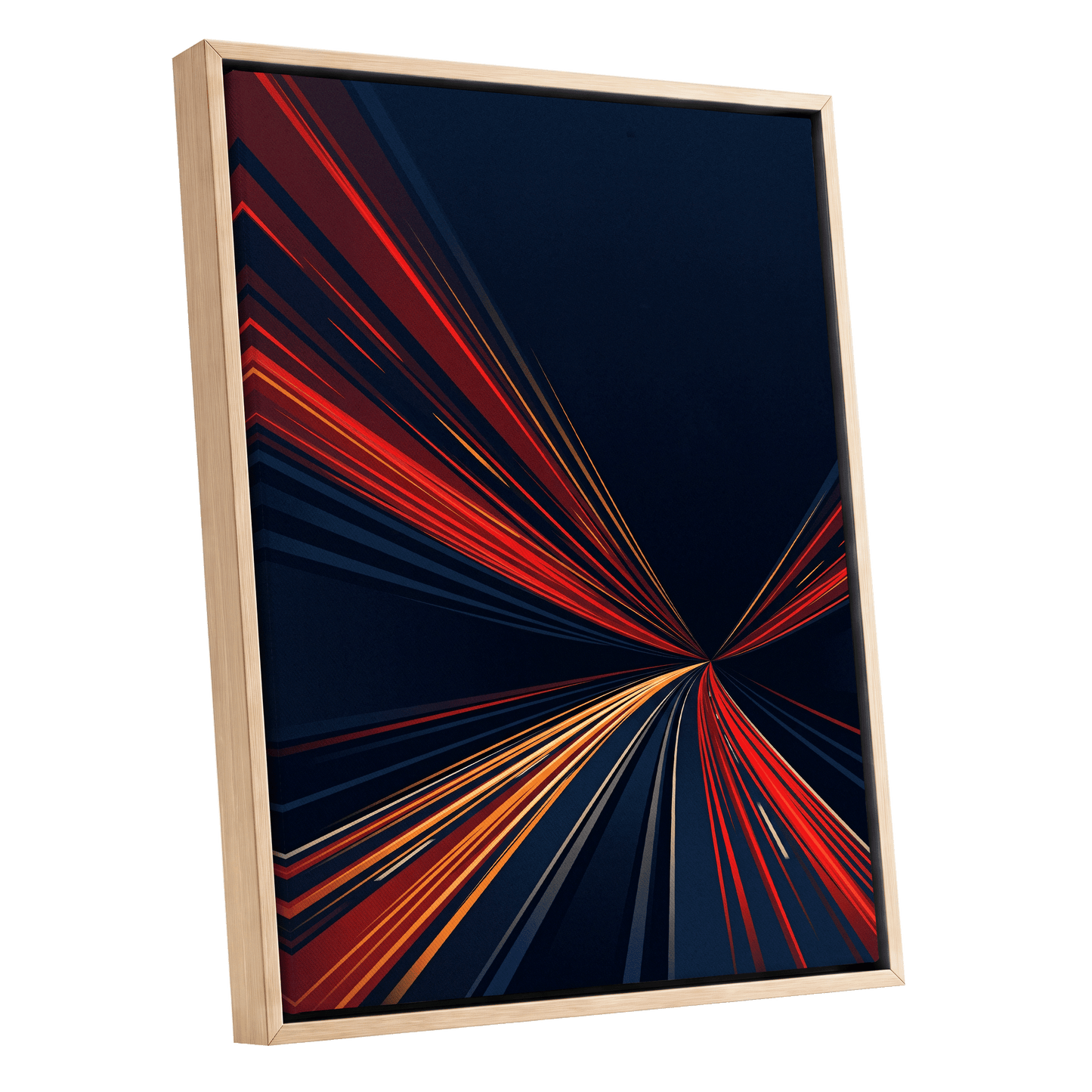 Velocity Convergence, blue, red, orange abstract wall art shown as a oak framed canvas wall art