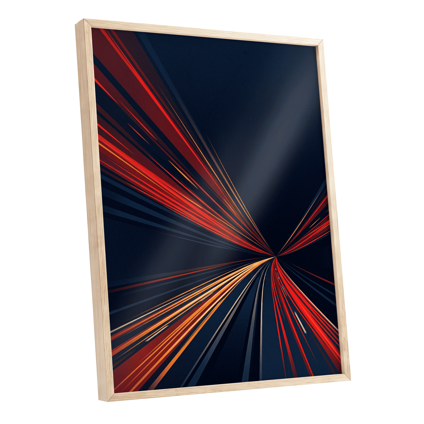 Velocity Convergence, blue, red, orange abstract wall art shown as a oak framed poster wall art print