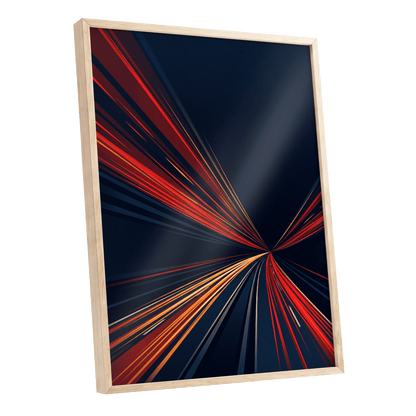 Velocity Convergence, blue, red, orange abstract wall art shown as a oak framed poster wall art print