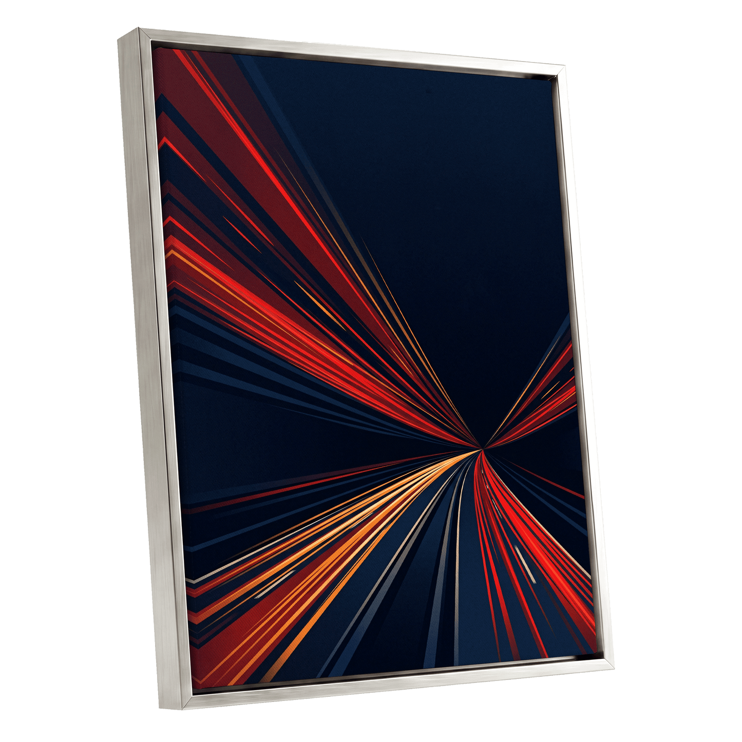 Velocity Convergence, blue, red, orange abstract wall art shown as a silver framed canvas wall art