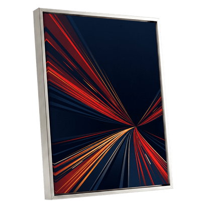 Velocity Convergence, blue, red, orange abstract wall art shown as a silver framed canvas wall art