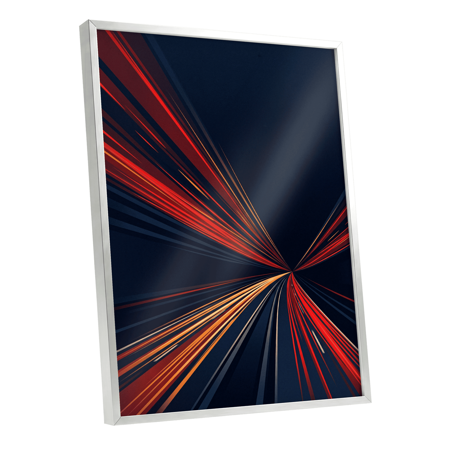 Velocity Convergence, blue, red, orange abstract wall art shown as a silver framed poster wall art print