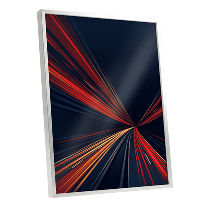 Velocity Convergence, blue, red, orange abstract wall art shown as a silver framed poster wall art print