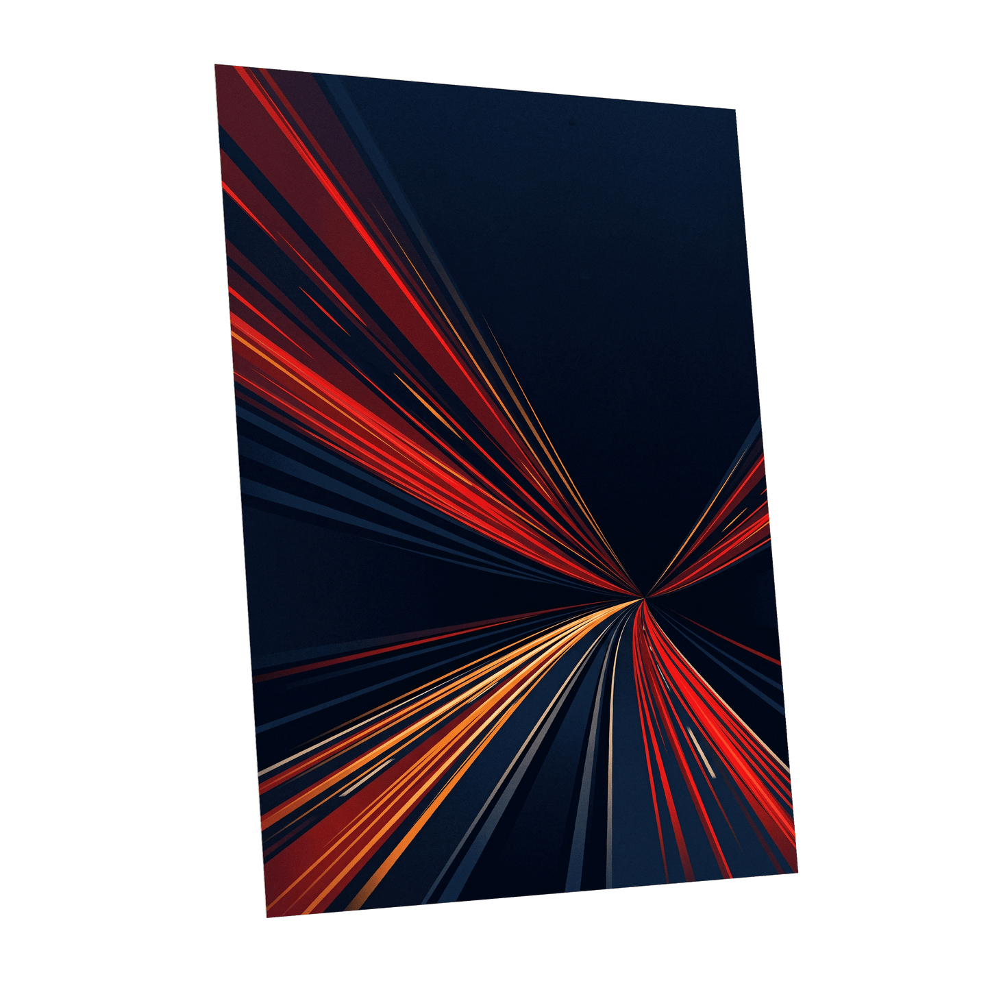 Velocity Convergence, blue, red, orange abstract wall art shown as a unframed poster wall art print