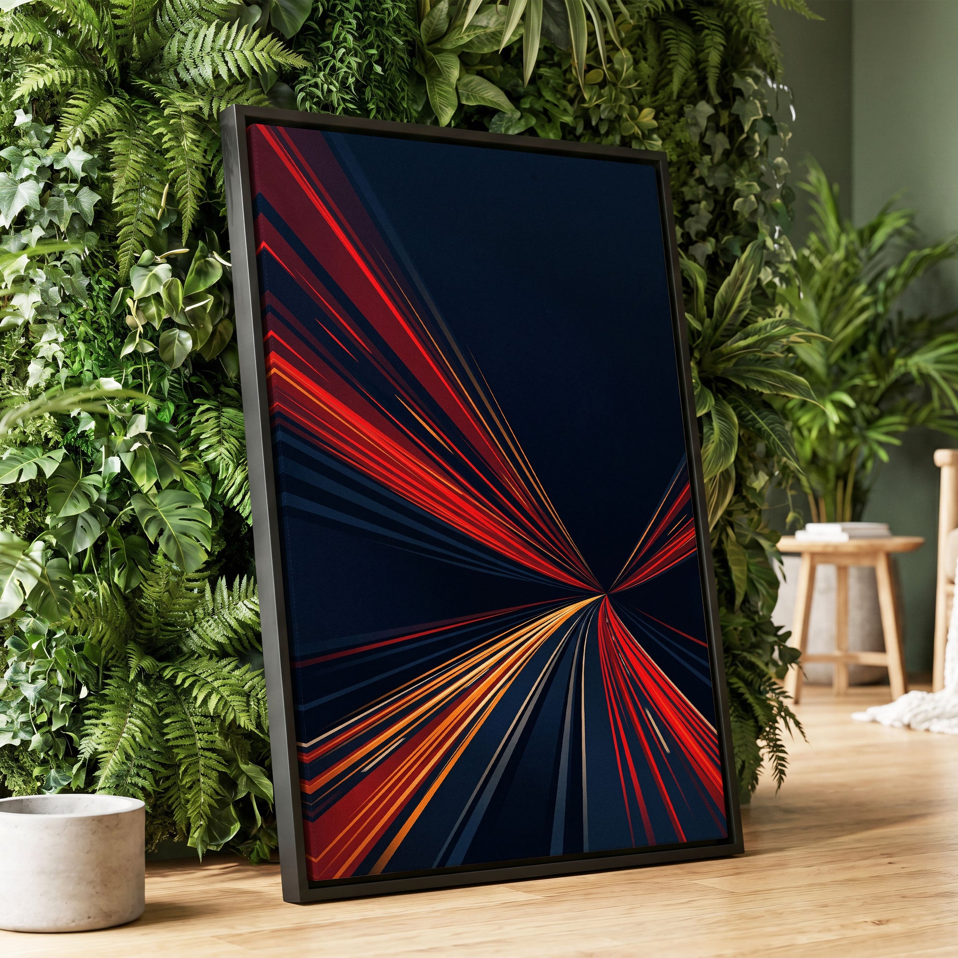 Velocity Convergence, blue, red, orange abstract wall art displayed in a styled interior, gallery view 1