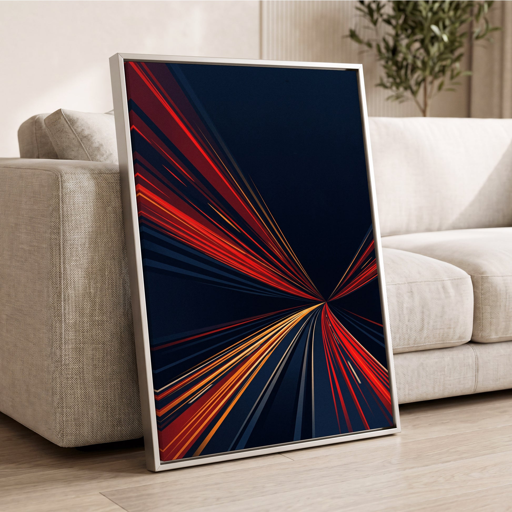 Velocity Convergence, blue, red, orange abstract wall art displayed in a styled interior, gallery view 2