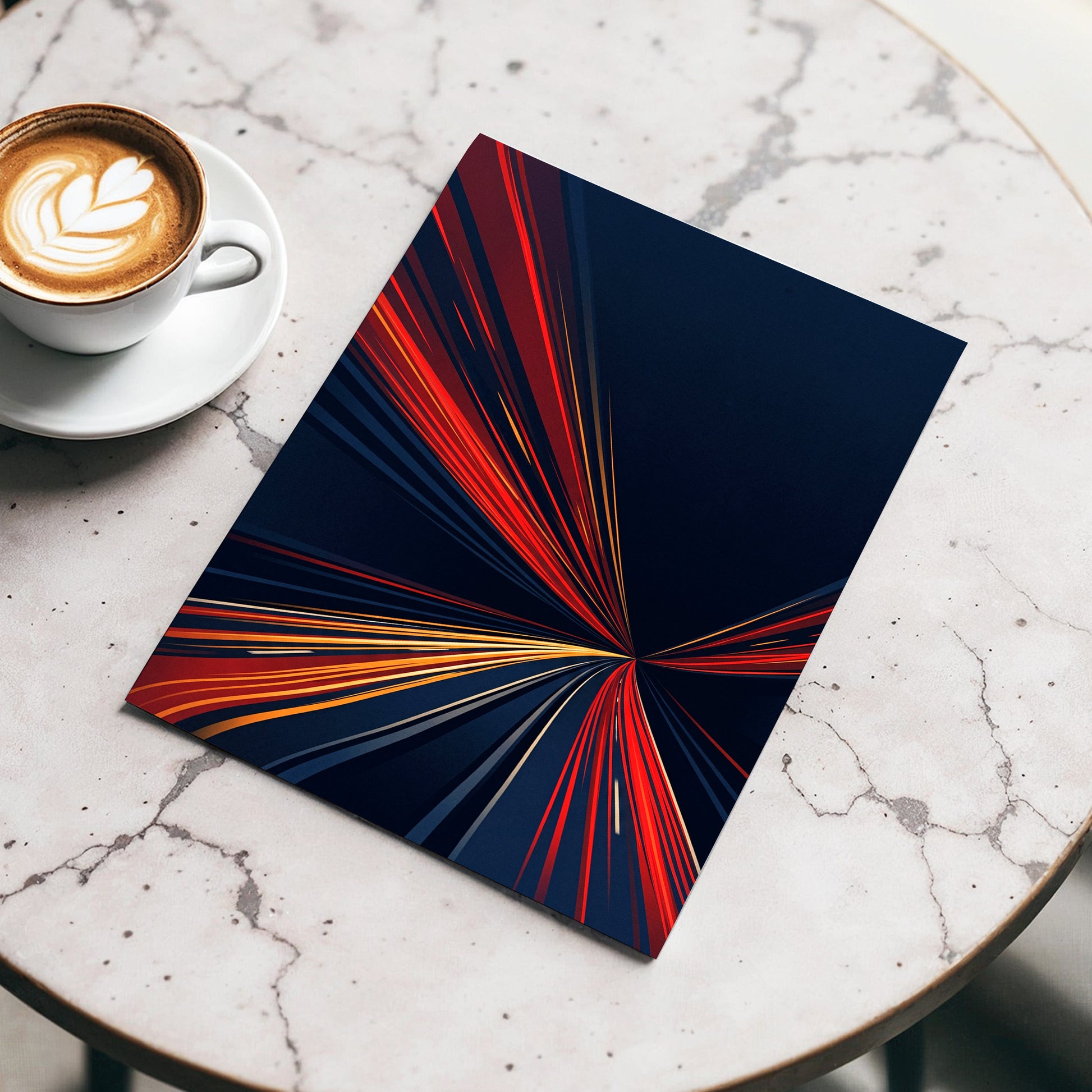 Velocity Convergence, blue, red, orange abstract wall art displayed in a styled interior, gallery view 3