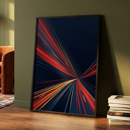 Velocity Convergence, blue, red, orange abstract wall art displayed in a styled interior, gallery view 4