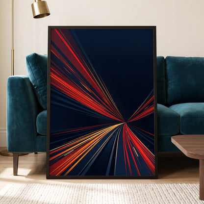 Velocity Convergence, blue, red, orange abstract wall art displayed in a styled interior, gallery view 5