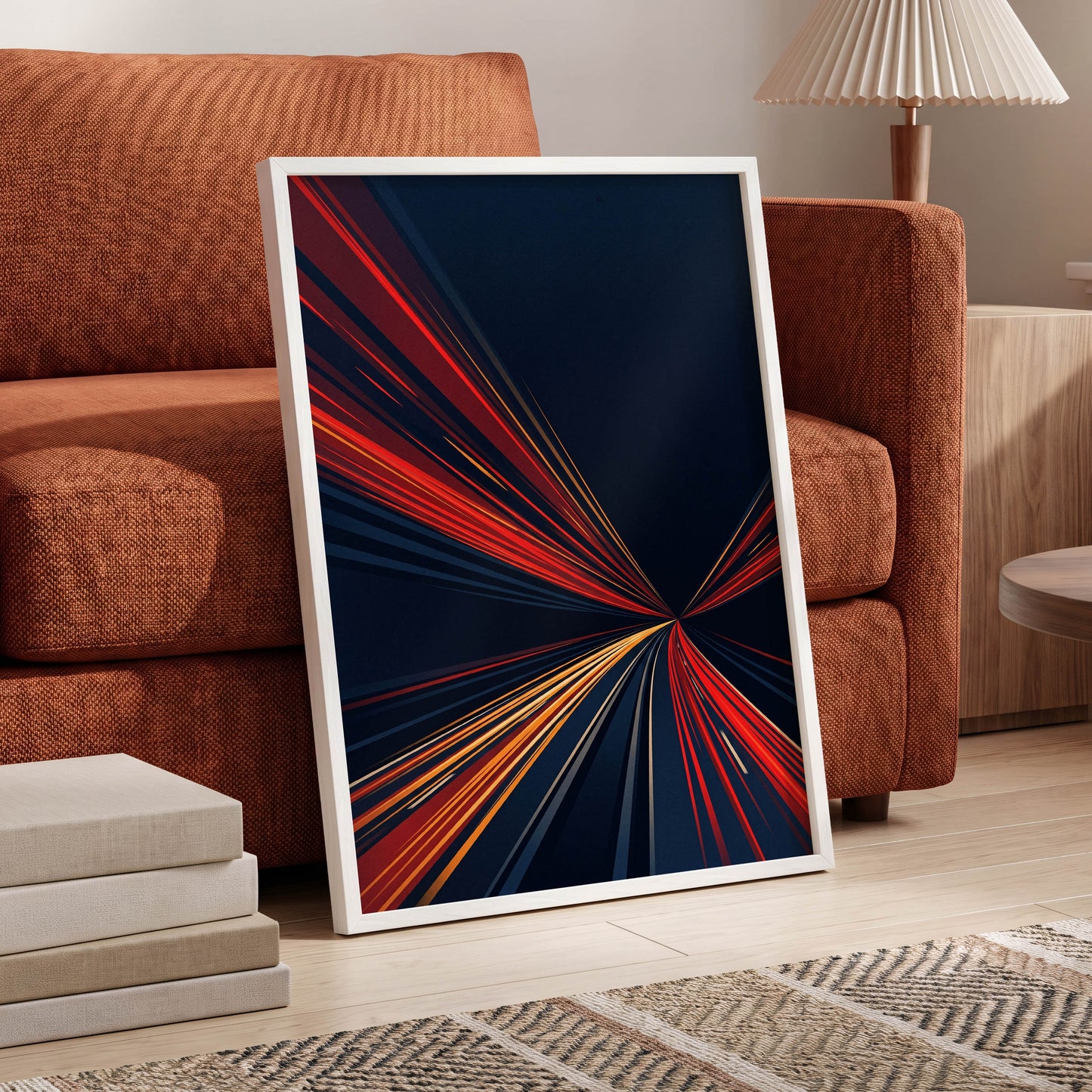 Velocity Convergence, blue, red, orange abstract wall art displayed in a styled interior, gallery view 6
