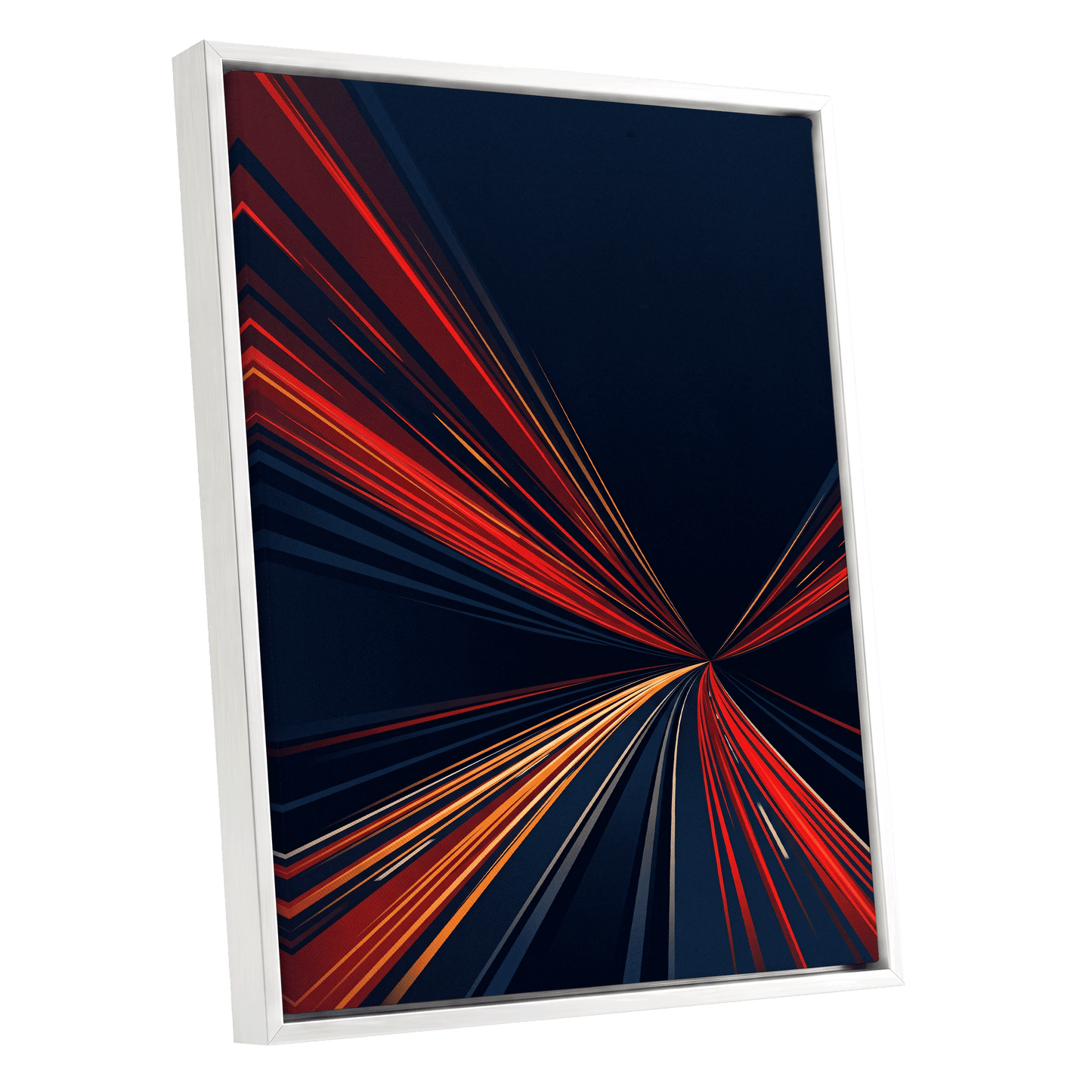 Velocity Convergence, blue, red, orange abstract wall art shown as a white framed canvas wall art