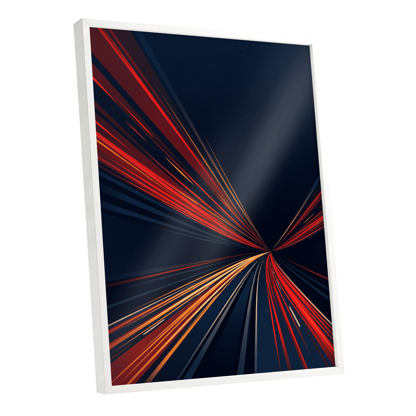 Velocity Convergence, blue, red, orange abstract wall art shown as a white framed poster wall art print