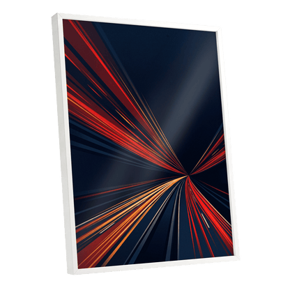 Velocity Convergence, blue, red, orange abstract wall art shown as a white framed poster wall art print