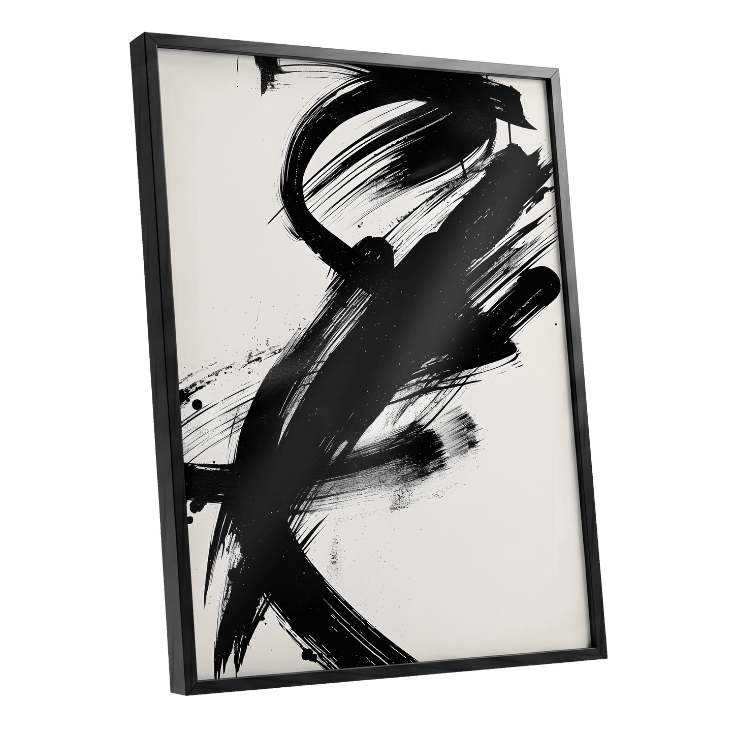 Velocity in Black, black, beige abstract wall art shown as a black framed poster wall art print
