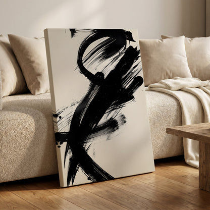 Velocity in Black, black, beige abstract wall art on canvas displayed in a styled interior, gallery view 1