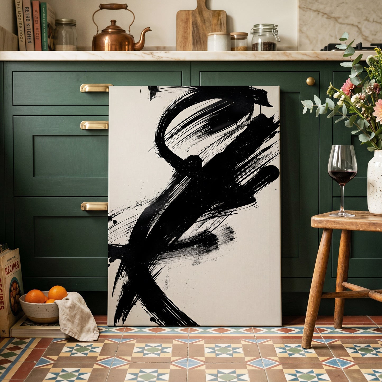 Velocity in Black, black, beige abstract wall art on canvas displayed in a styled interior, gallery view 2