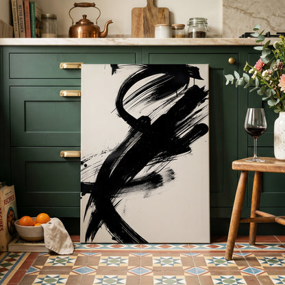 Velocity in Black, black, beige abstract wall art on canvas displayed in a styled interior, gallery view 2