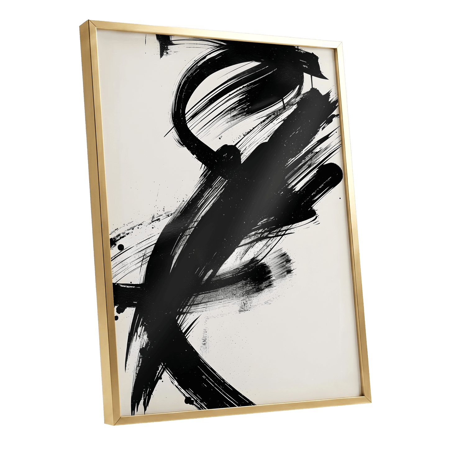 Velocity in Black, black, beige abstract wall art shown as a gold framed poster wall art print