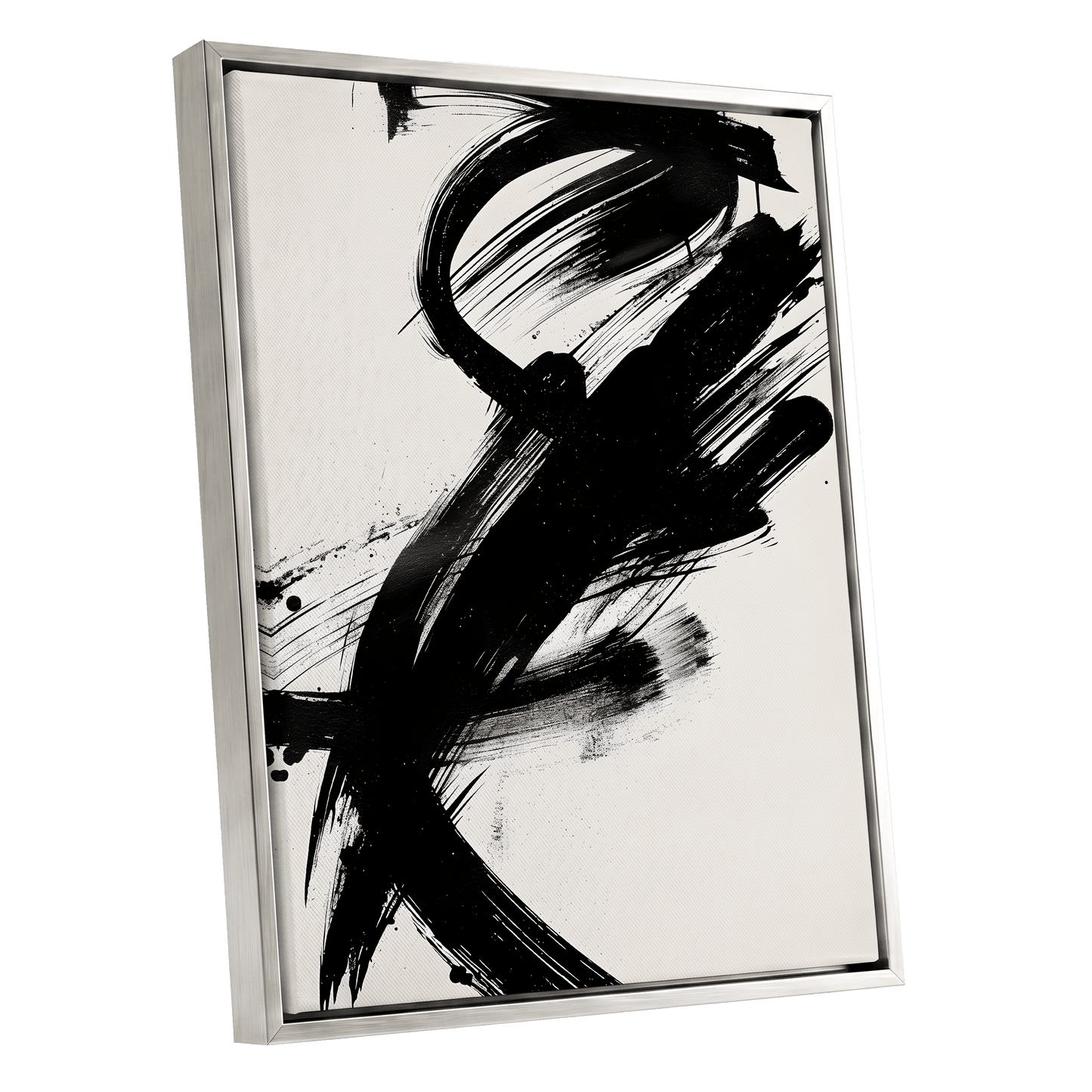 Velocity in Black, black, beige abstract wall art shown as a silver framed canvas wall art