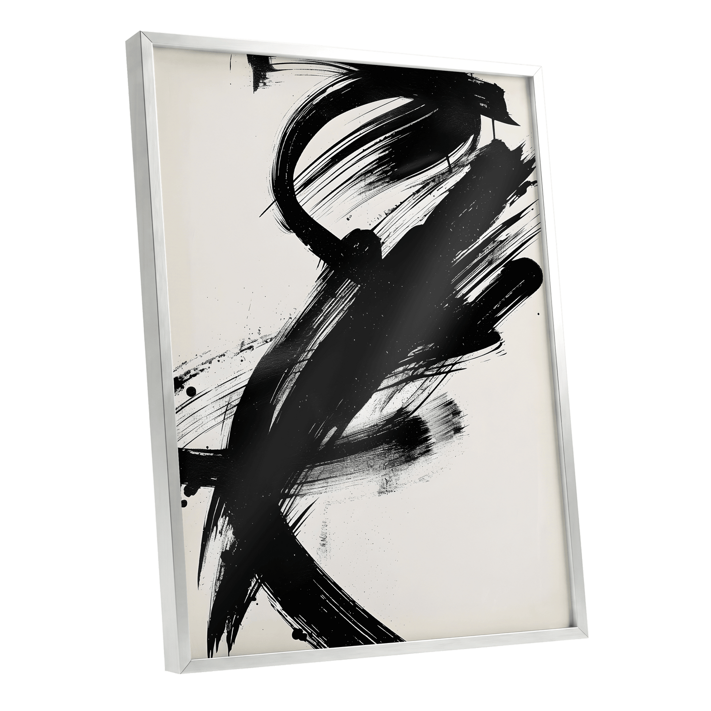 Velocity in Black, black, beige abstract wall art shown as a silver framed poster wall art print