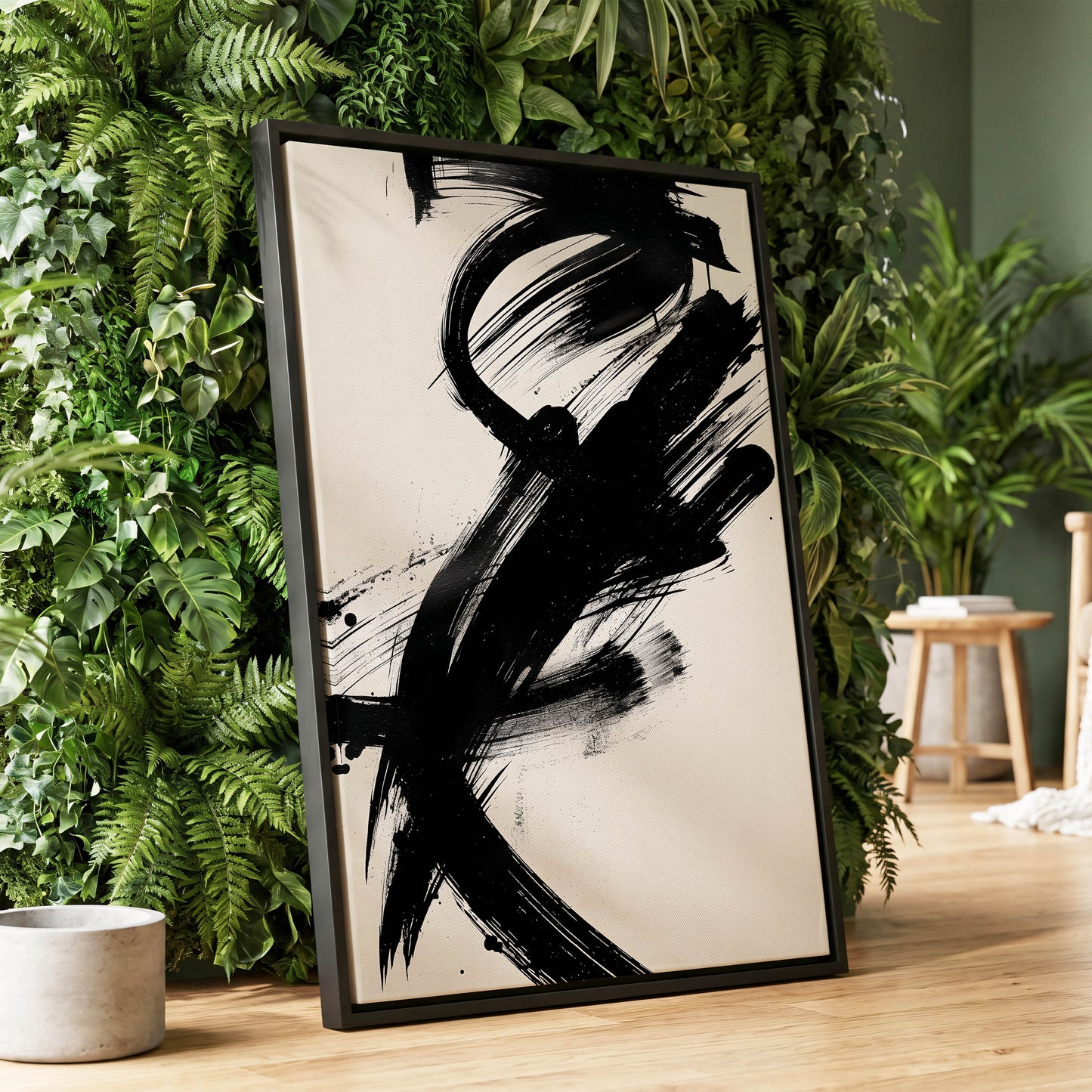 Velocity in Black, black, beige abstract wall art displayed in a styled interior, gallery view 1